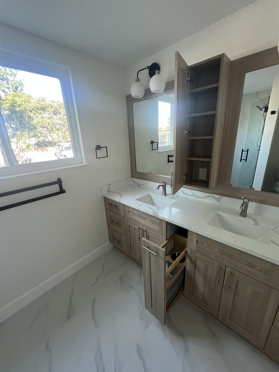 wood vanity with open shelving and marble countertop bathroom remodel - optimized