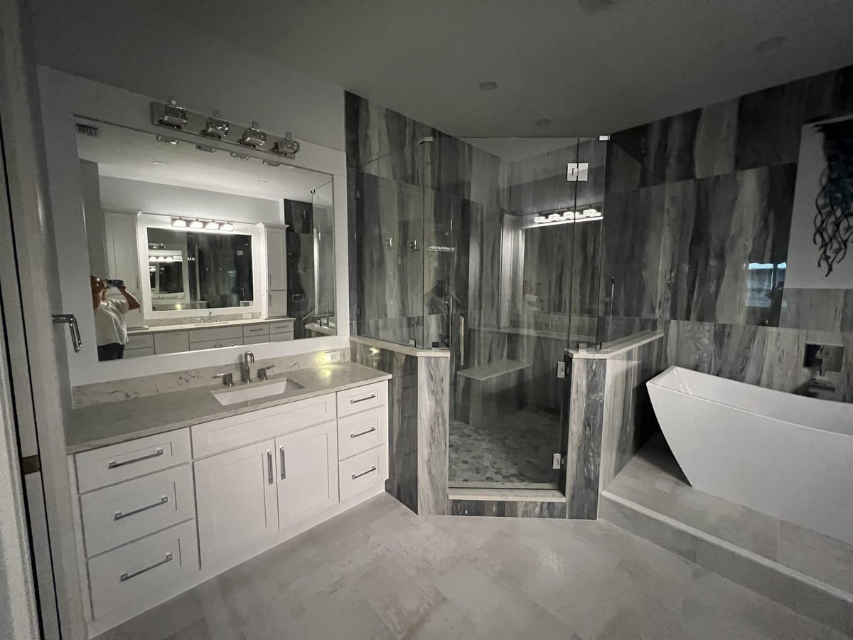 double vanity with lit mirrors and walk-in shower bathroom remodel - optimized