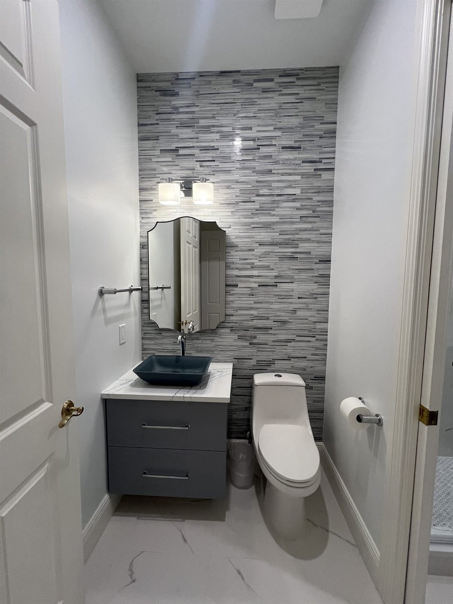 floating gray vanity with vessel sink and stone accent wall bathroom remodel - optimized