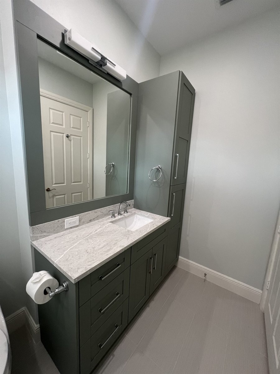 gray single vanity with framed mirror bathroom remodel - optimized