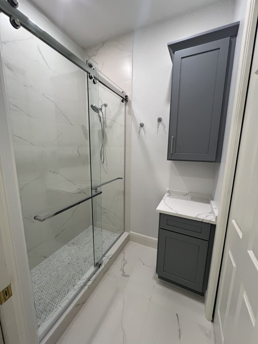 sliding glass door shower with gray vanity bathroom remodel - optimized
