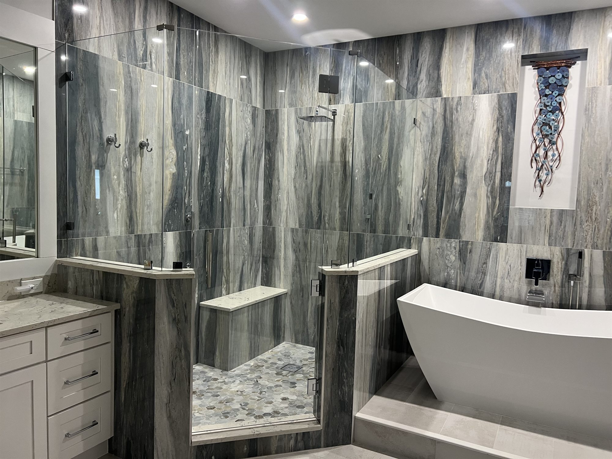 walk-in shower with bench and freestanding tub bathroom remodel - optimized
