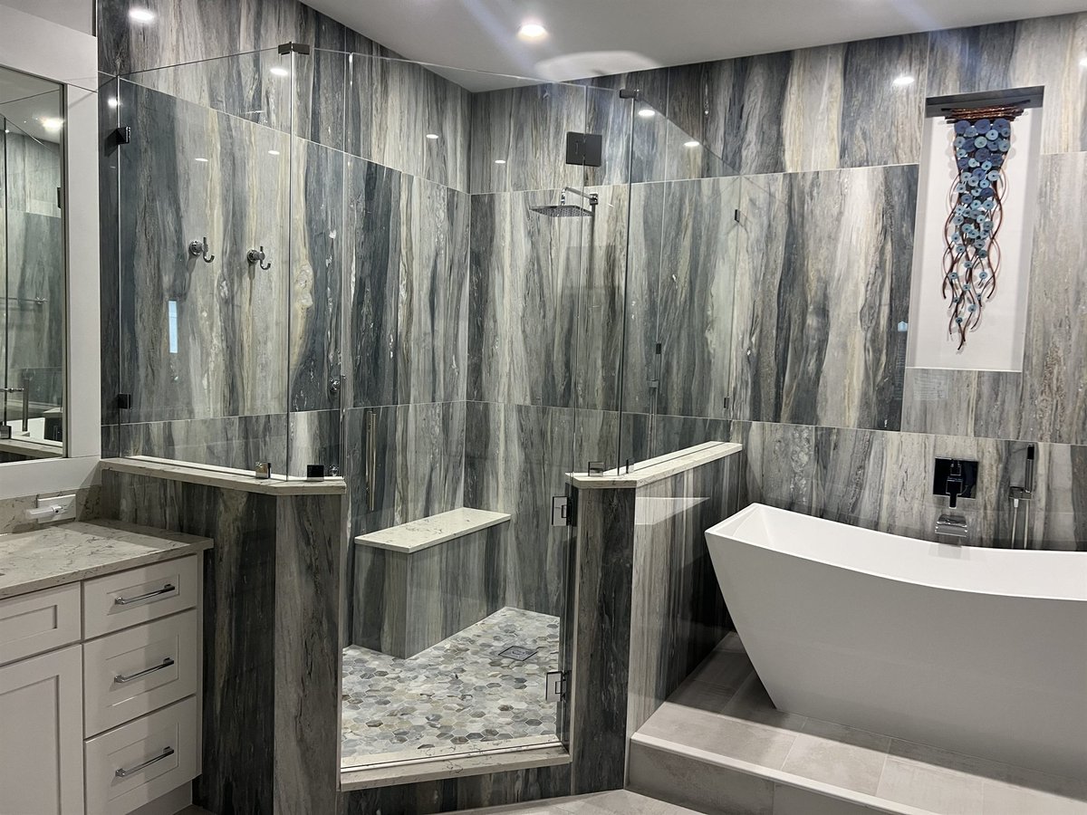 walk-in shower with bench and freestanding tub bathroom remodel - optimized