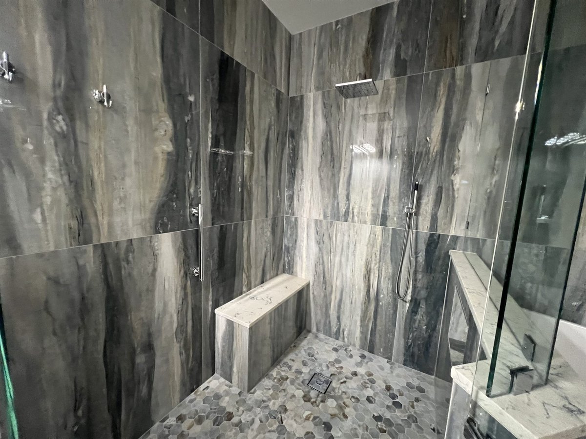 walk-in shower with dramatic gray marble tile bathroom remodel - optimized
