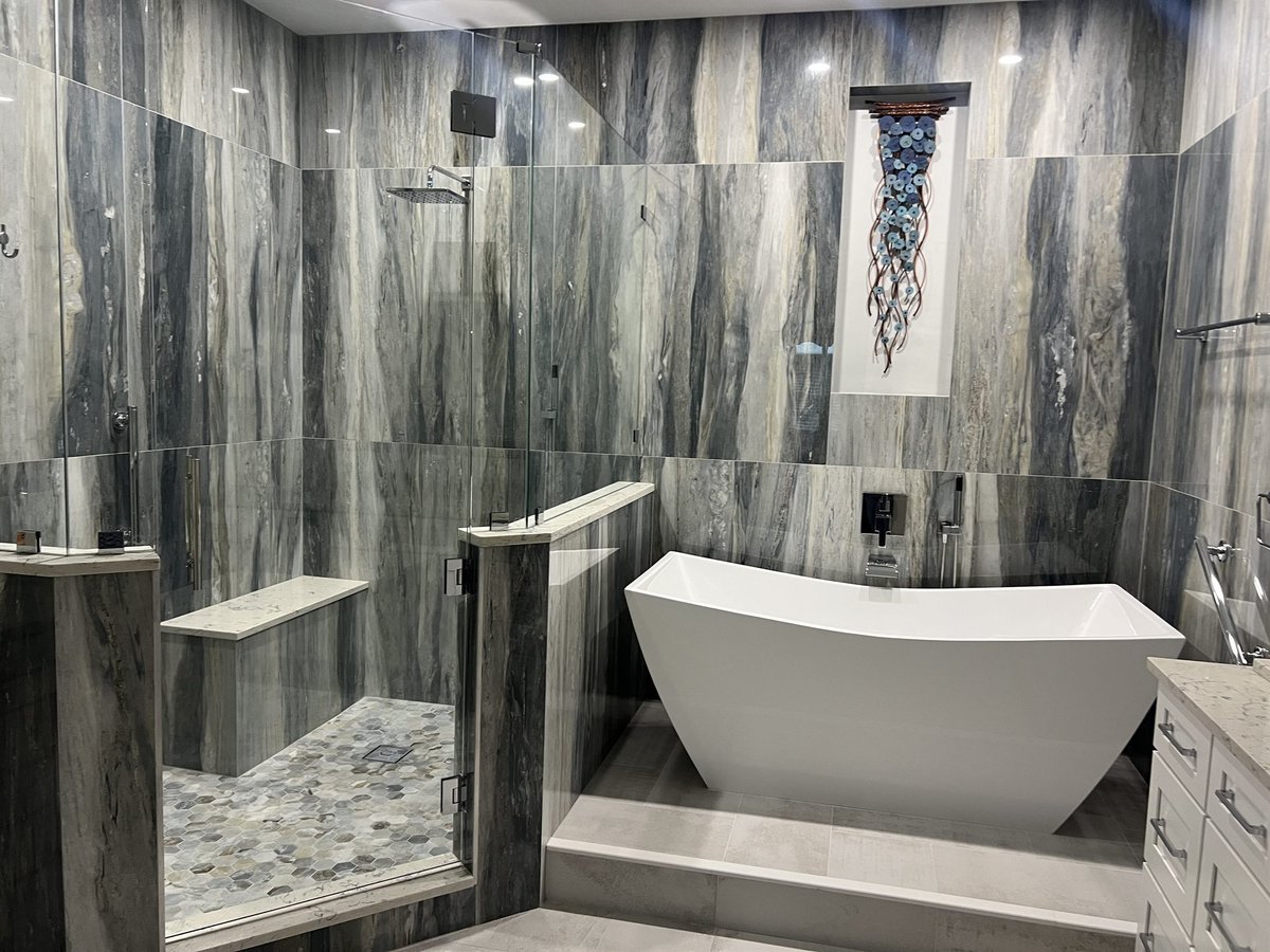 walk-in shower with freestanding tub and decorative tile niche bathroom remodel - optimized