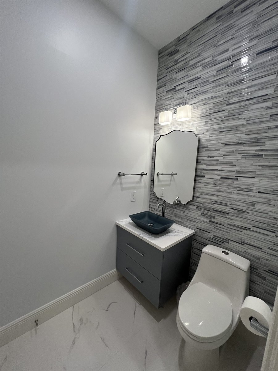 wall-mounted gray vanity with vessel sink and toilet bathroom remodel - optimized