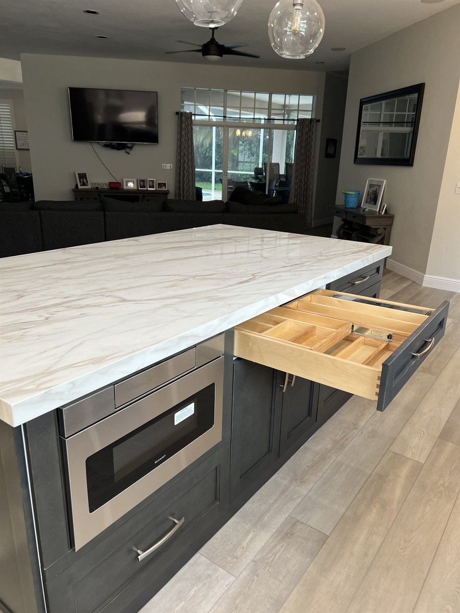 marble island with microwave drawer and pull-out storage drawer kitchen remodel - optimized