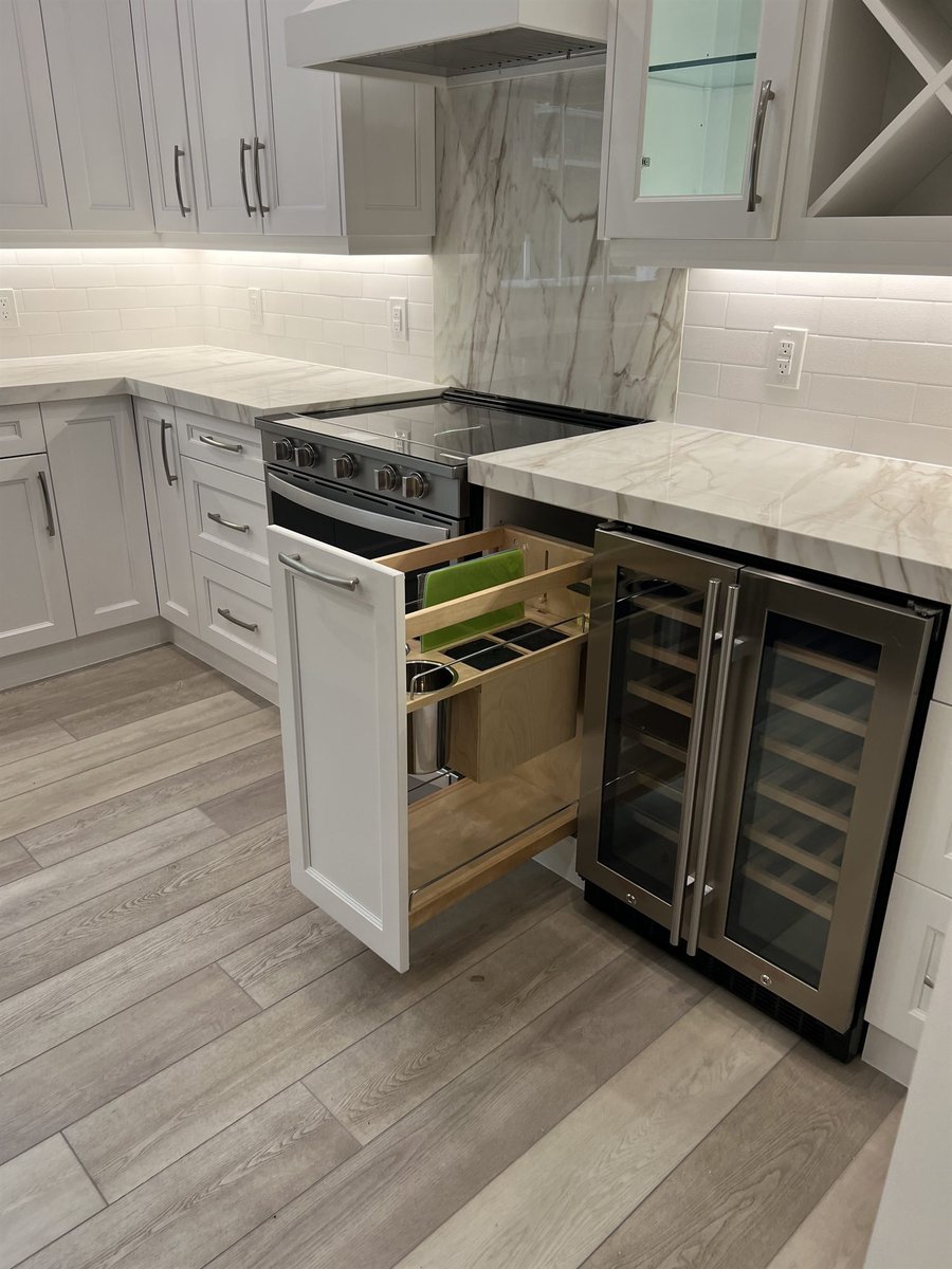 stainless range with pull-out drawer organizers and wine fridge kitchen remodel - optimized