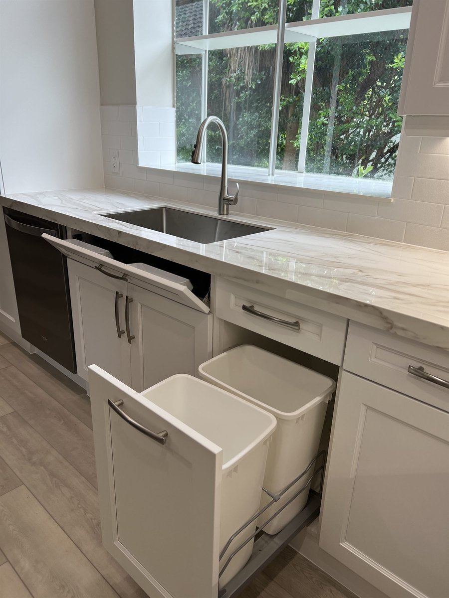 undermount sink gooseneck faucet with pull-out trash bin kitchen remodel - optimized