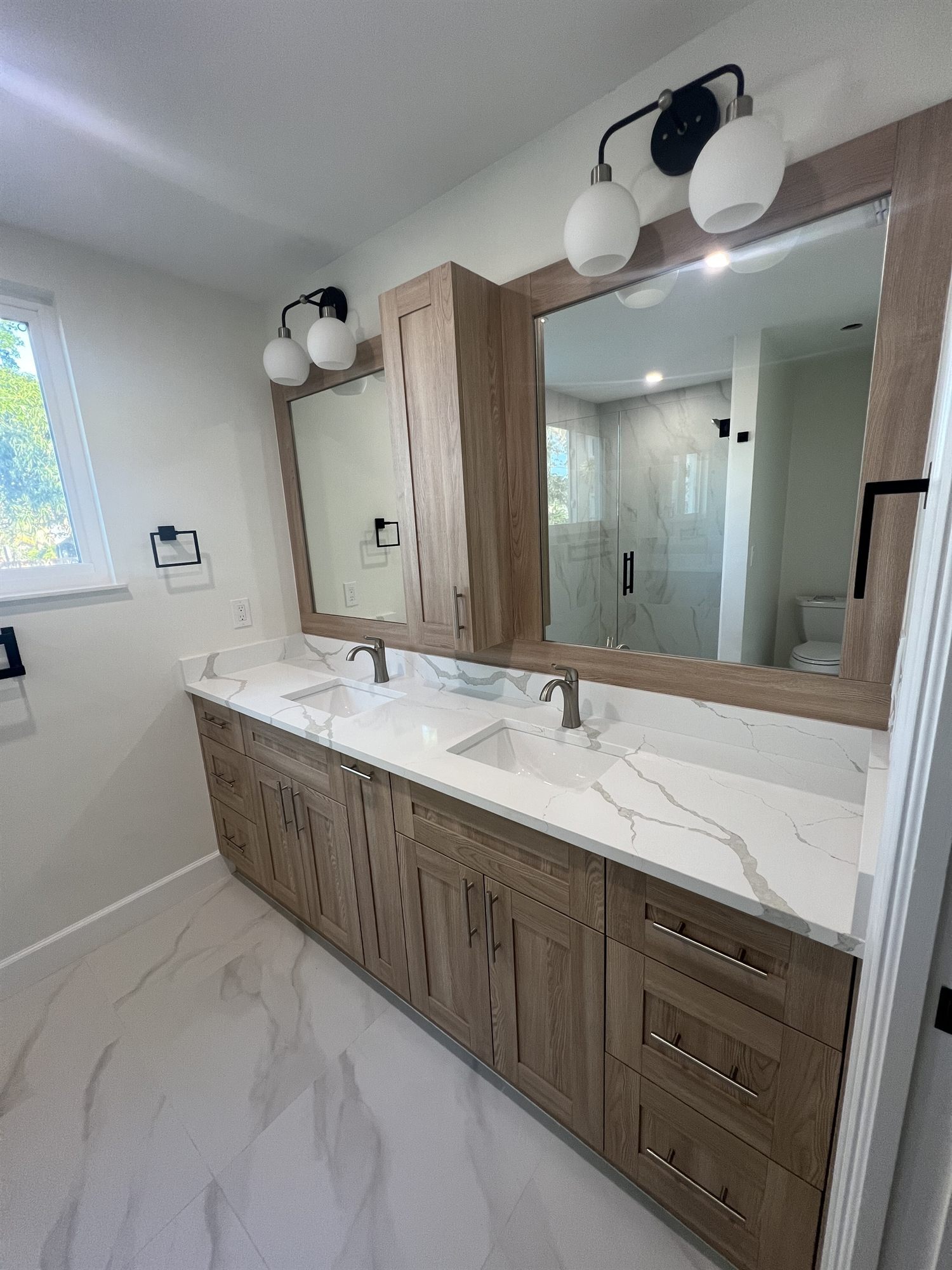 double sink wood vanity with marble countertop bathroom remodel - optimized