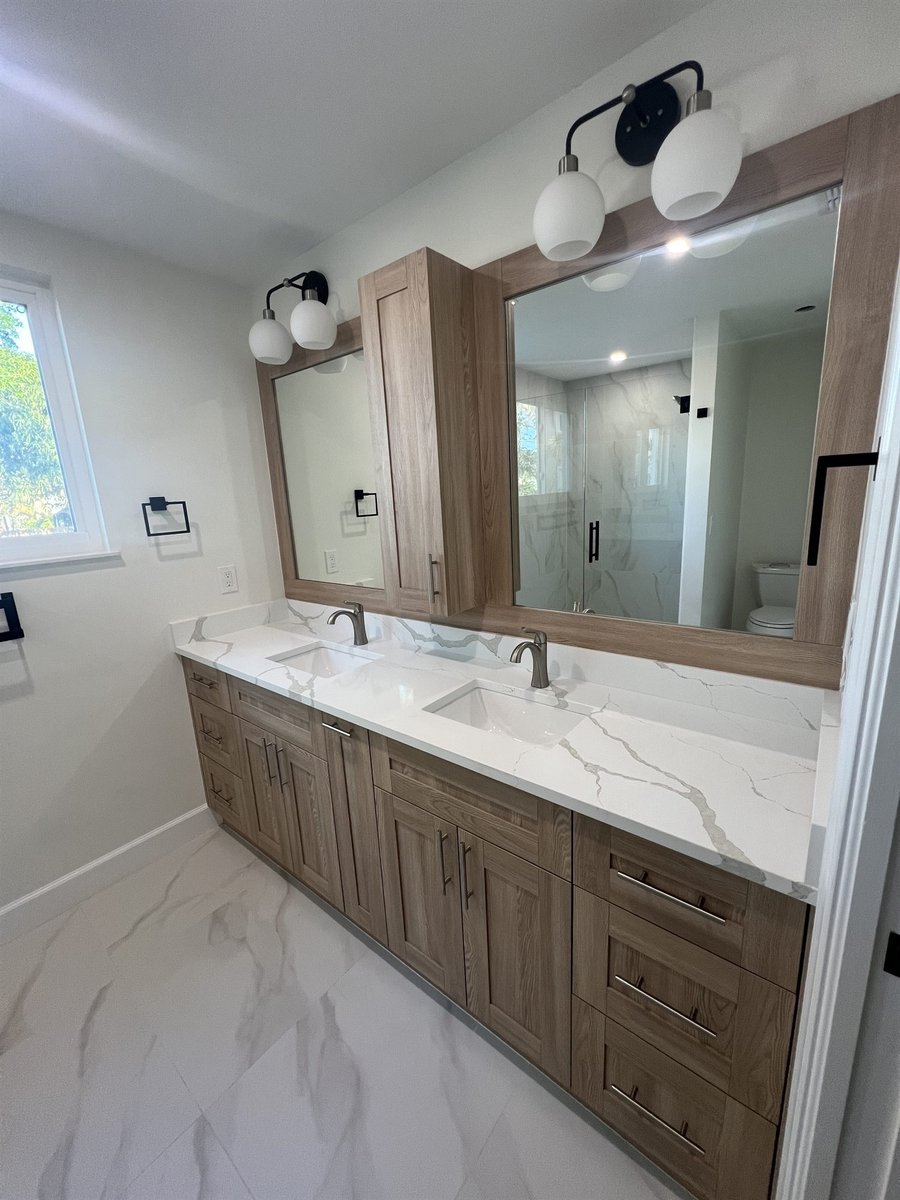double sink wood vanity with marble countertop bathroom remodel - optimized