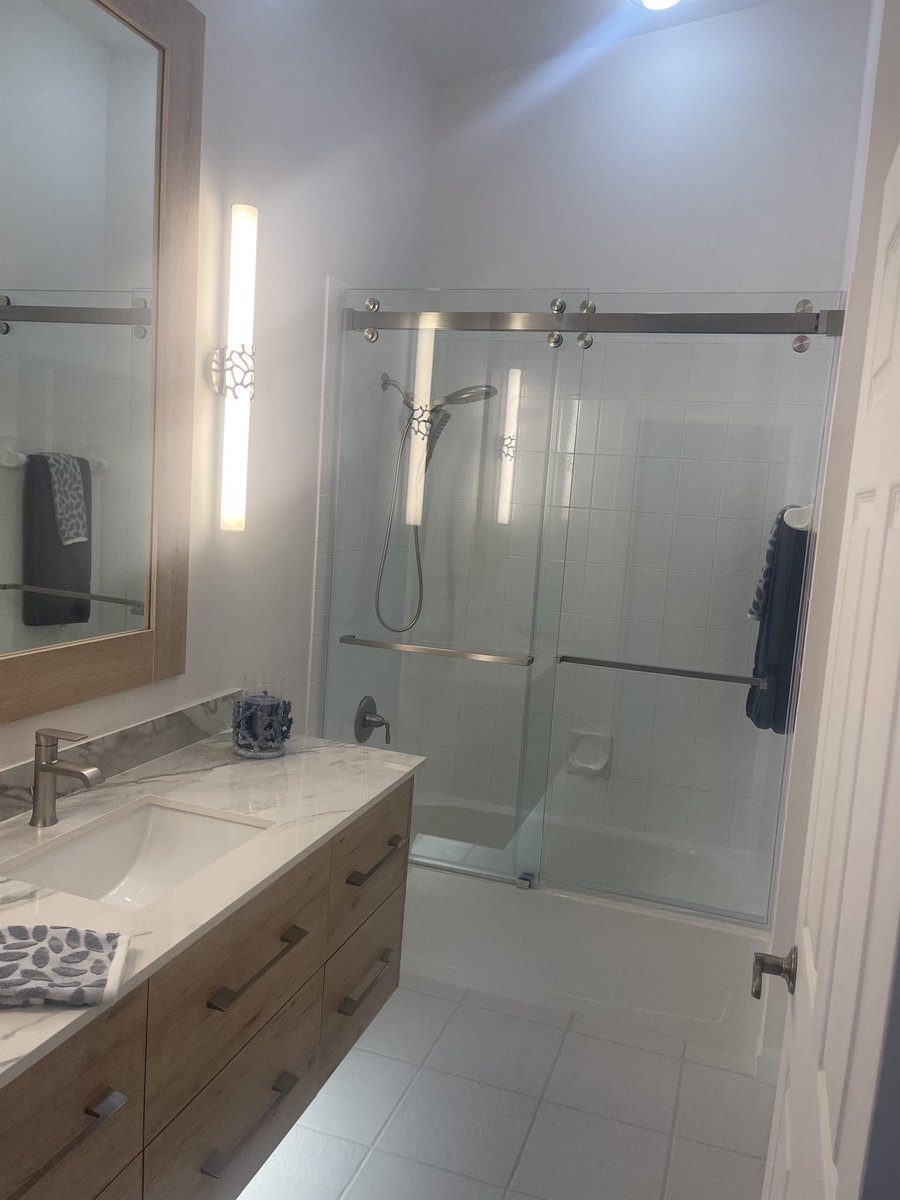 double sink vanity and sliding glass shower bathroom remodel - optimized