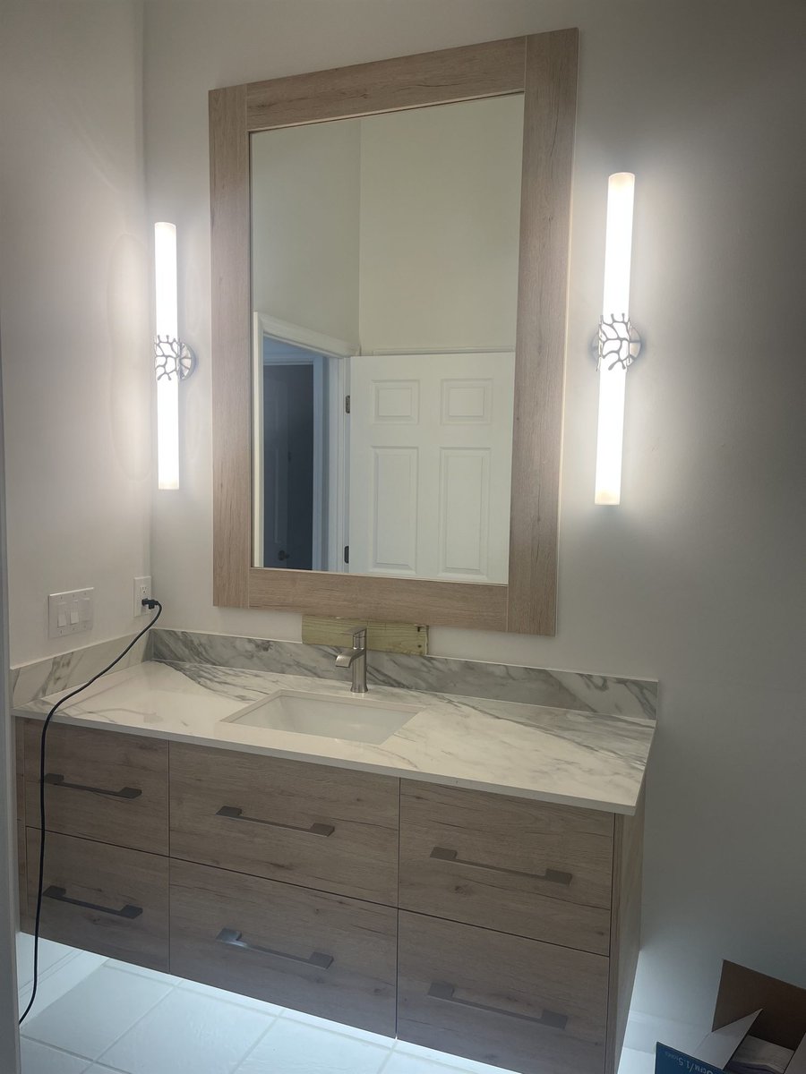 floating wood vanity with linear sconces bathroom remodel - optimized