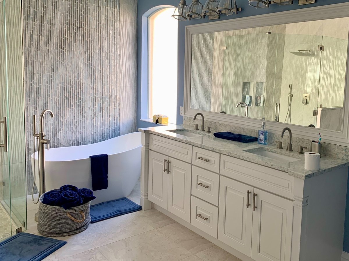 freestanding tub double vanity and tiled shower in naples fl bathroom and kitchen remodel