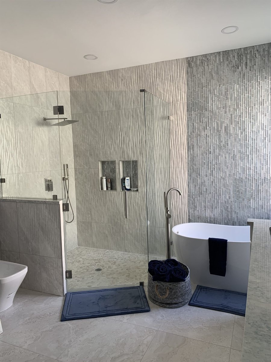 glass walk-in shower with rainfall head and freestanding tub bathroom remodel - optimized