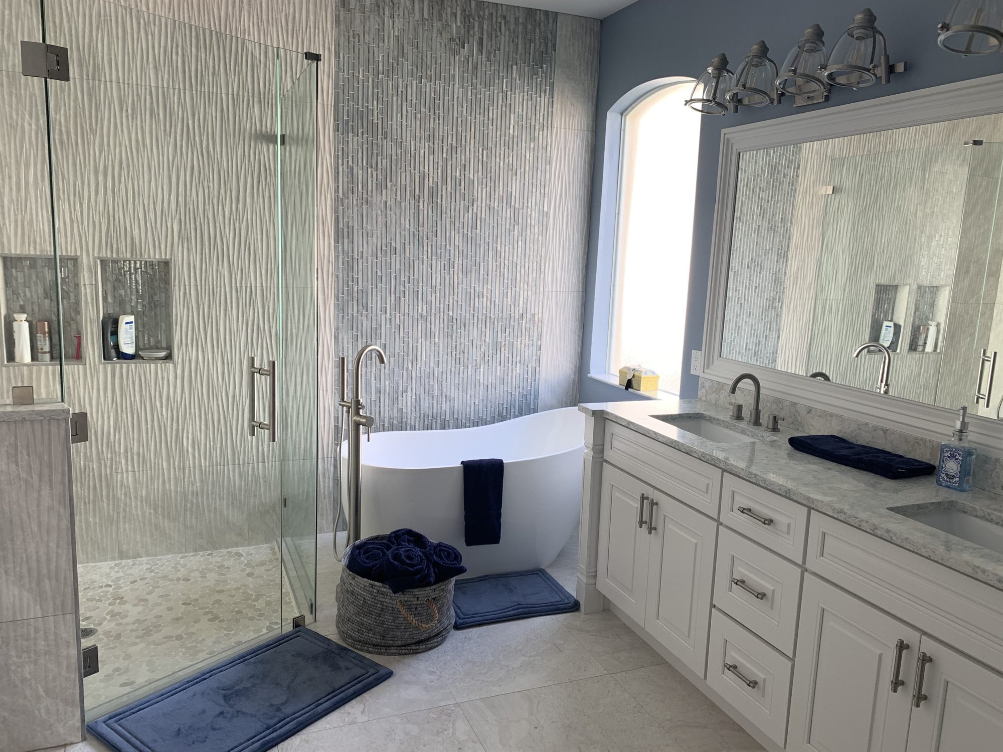 walk-in shower with freestanding tub and white vanity bathroom remodel - optimized