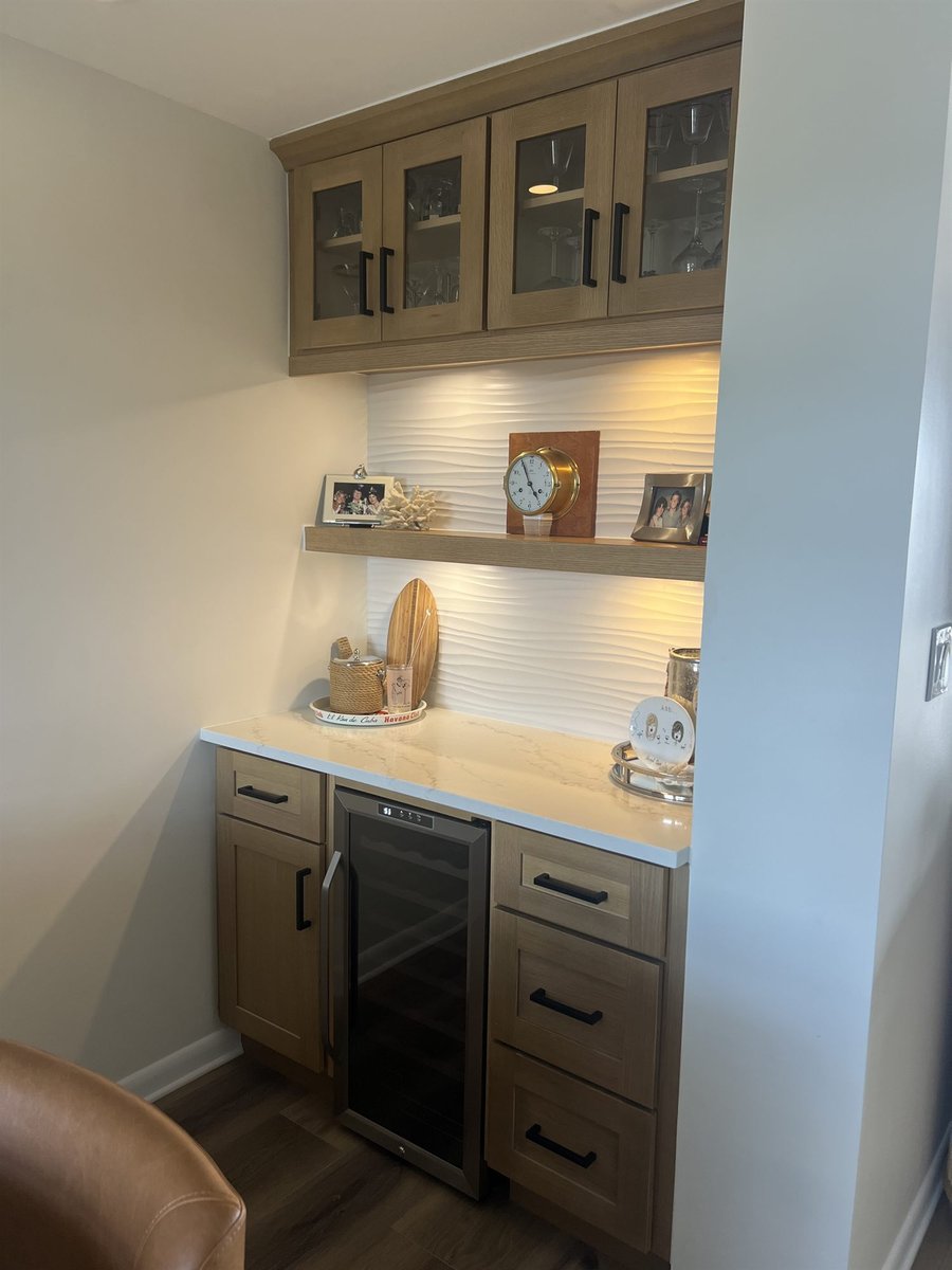 wood beverage bar niche with open shelves and undercounter wine fridge kitchen remodel
