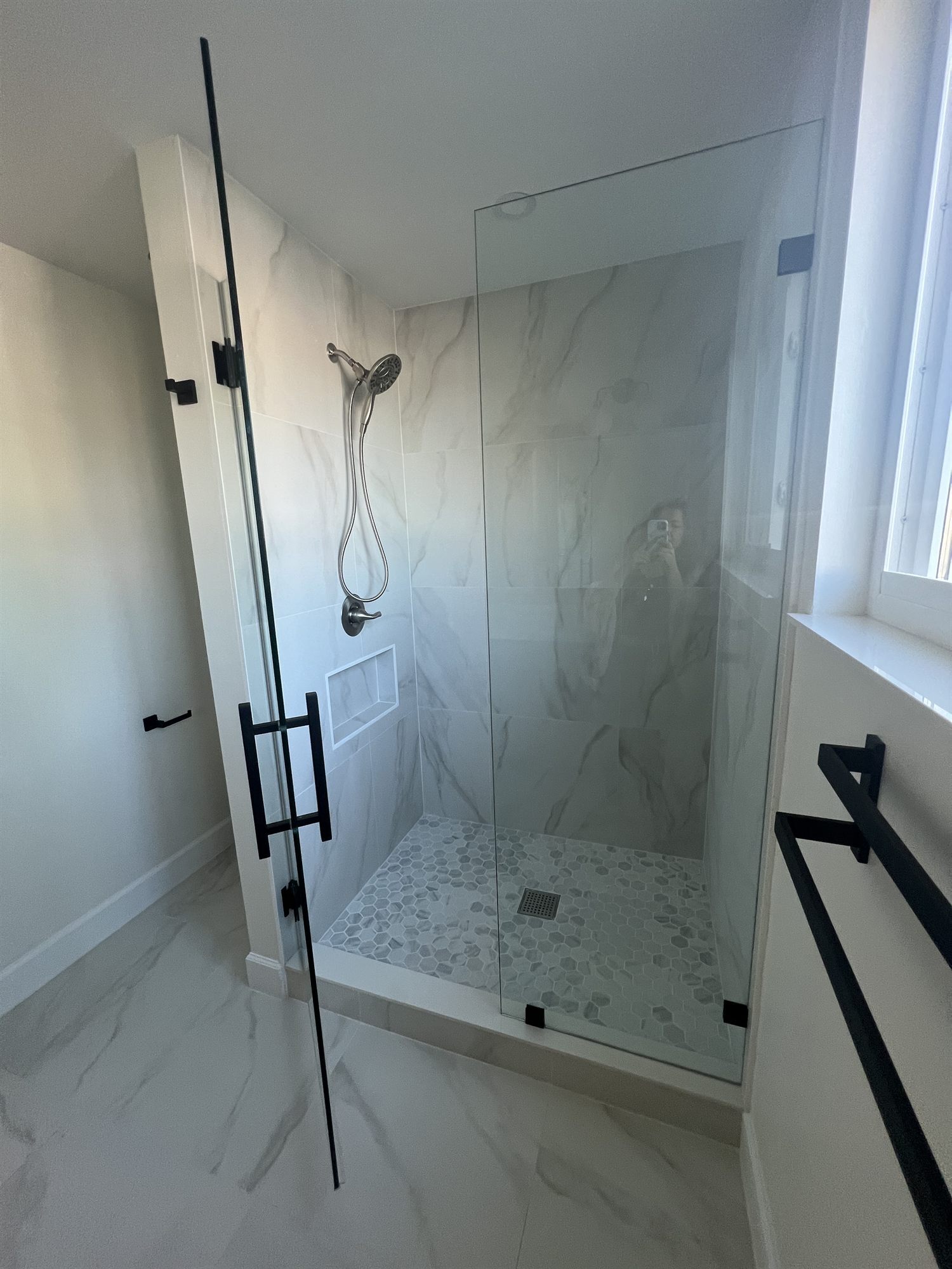 walk-in glass shower with hexagon tile floor bathroom remodel - optimized